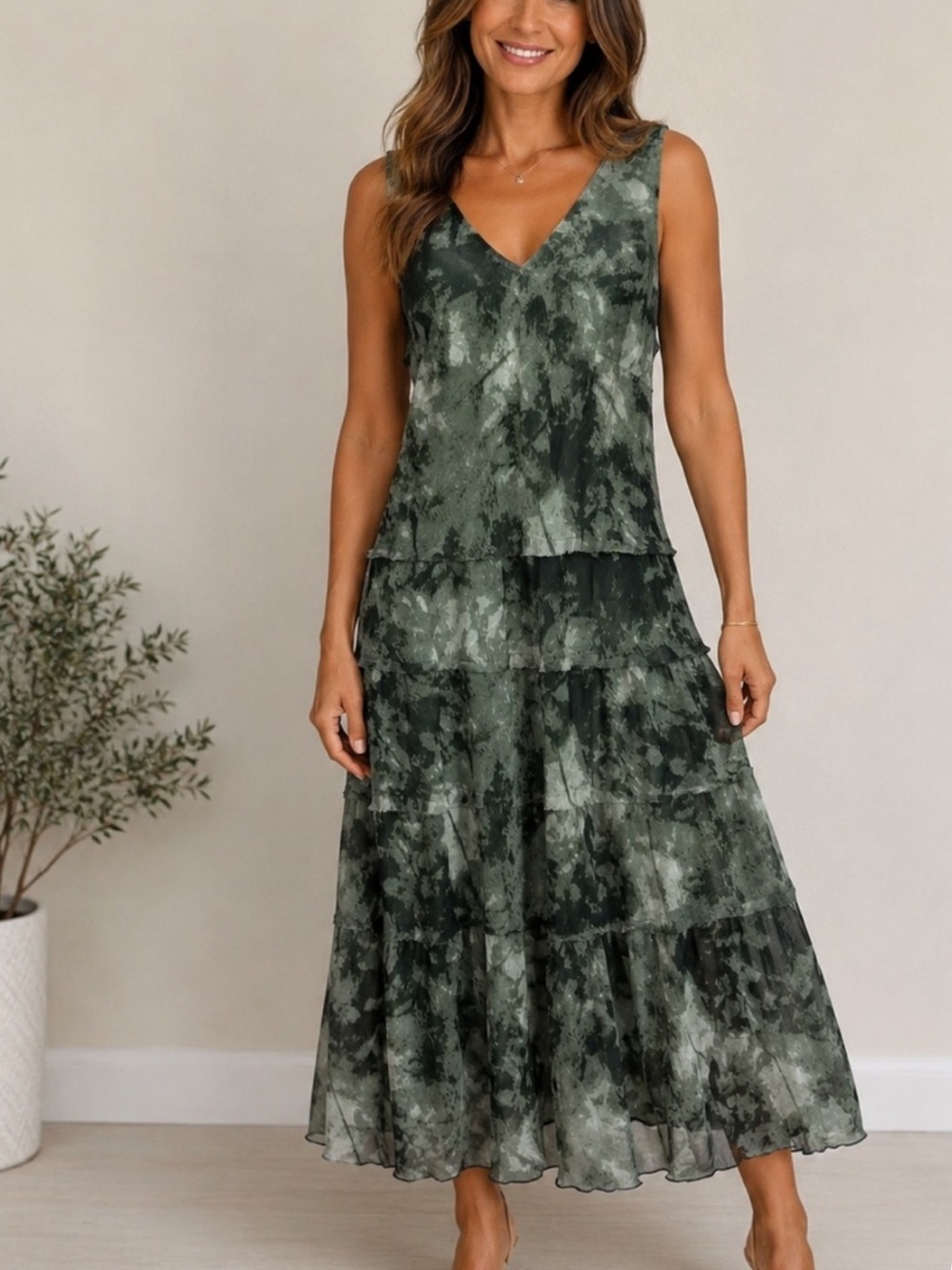 Simply Vera Vera Wang L Watercolor Tiered Maxi Dress Black Gray